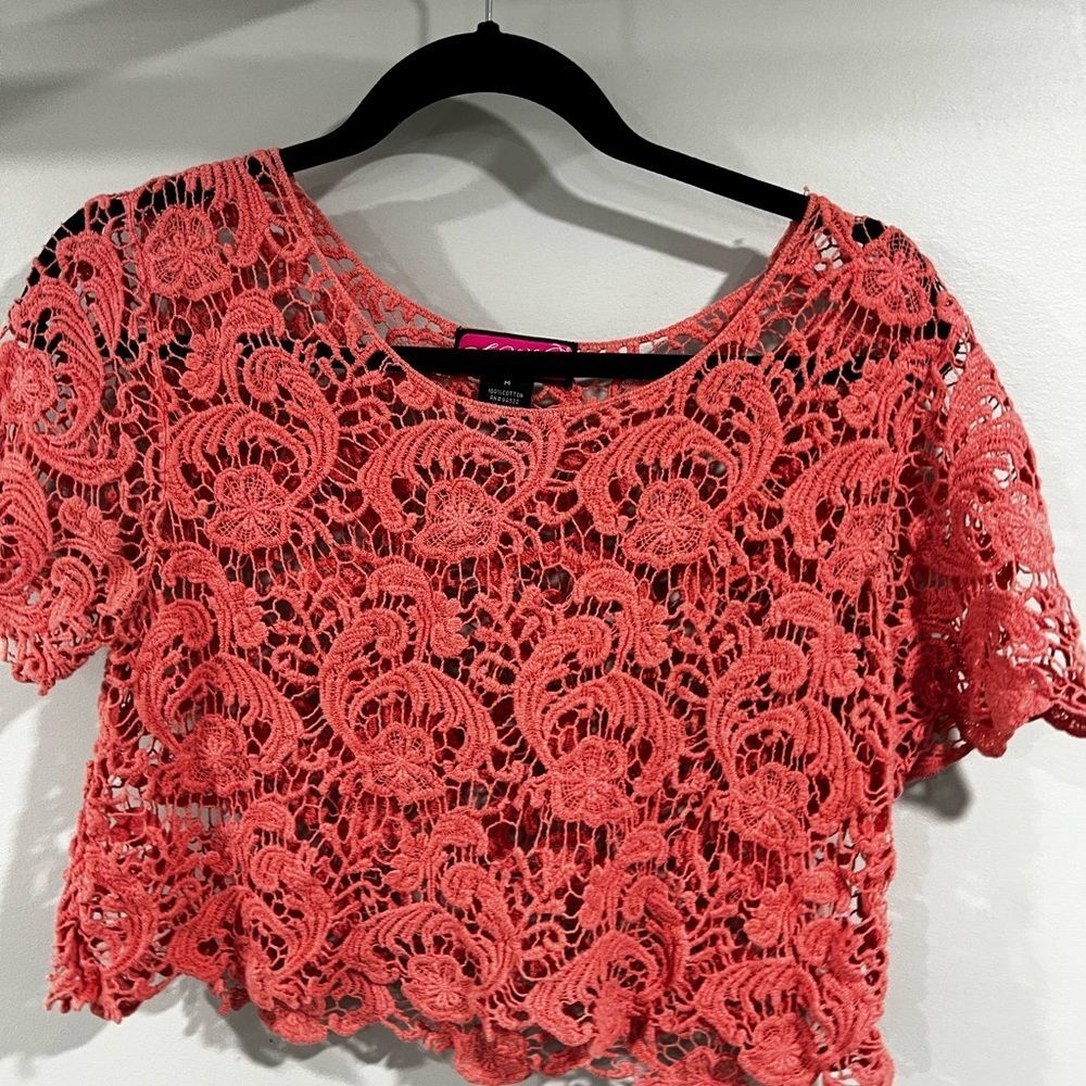 Say What? Coral Lace Blouse Size M Floral Pattern
